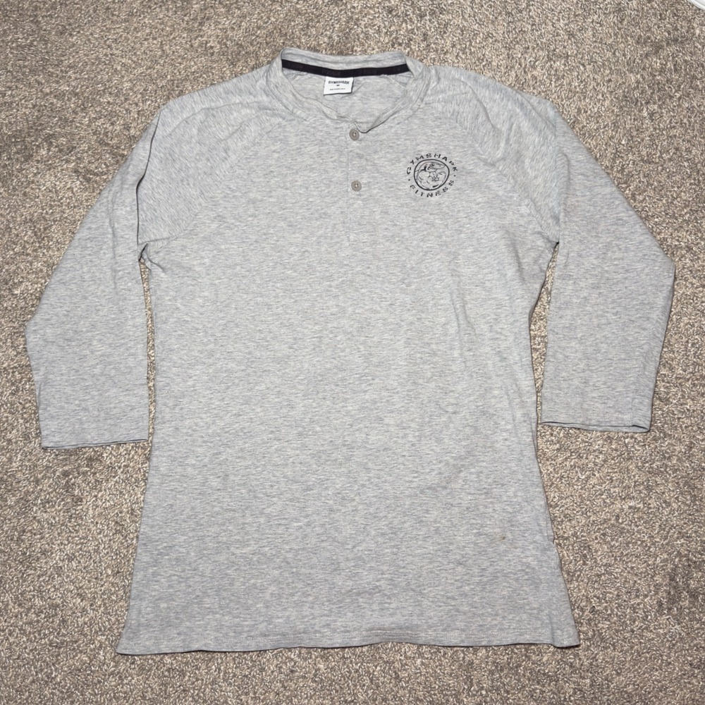 Gymshark Fitness Mens M Grey Henley 3/4 Sleeve Raglan Training Shirt Logo
